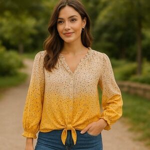 Zack & Rachel Tie-Front Blouse Ruffle Neck Long‎ Sleeve Yellow Ombre Print XL